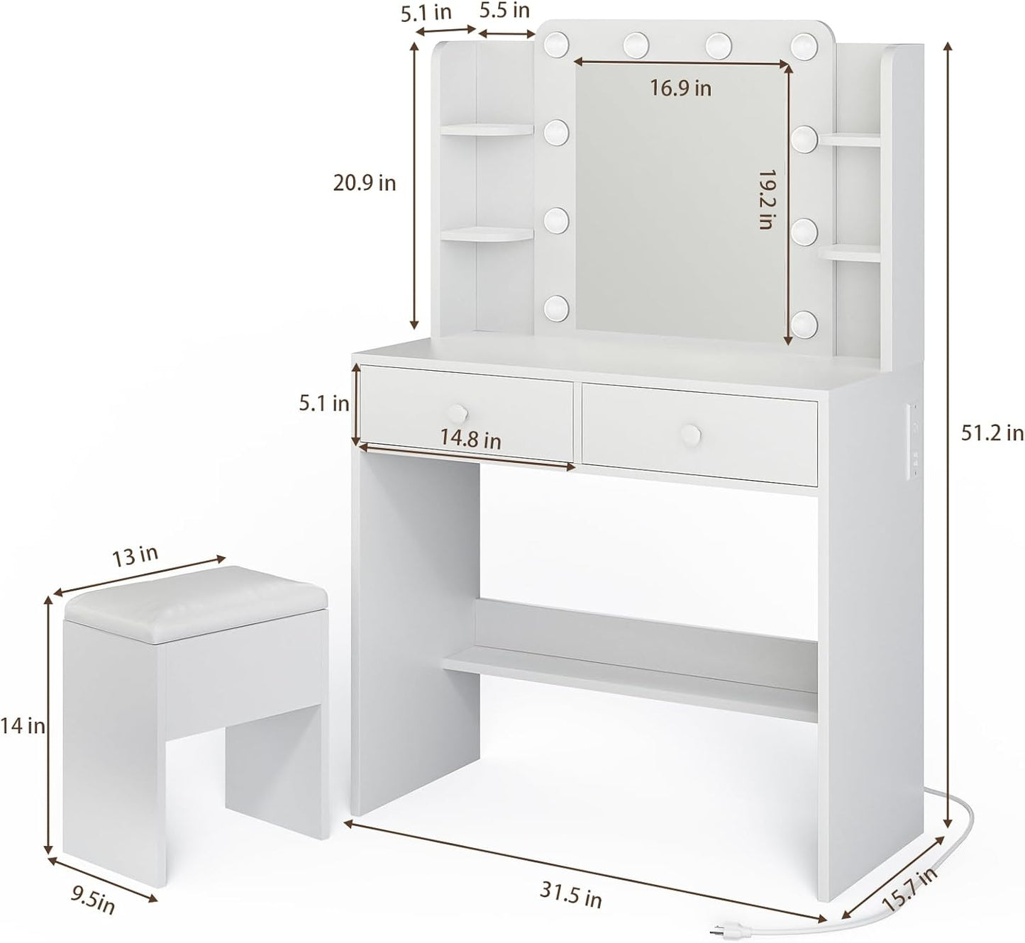 Vanity Desk with Lighted Mirror and Power Outlets, Makeup Vanity Set with Storage Drawer, Shelves and Chair, White Dressing Table with 3 Color Lighting Modes for Bedroom