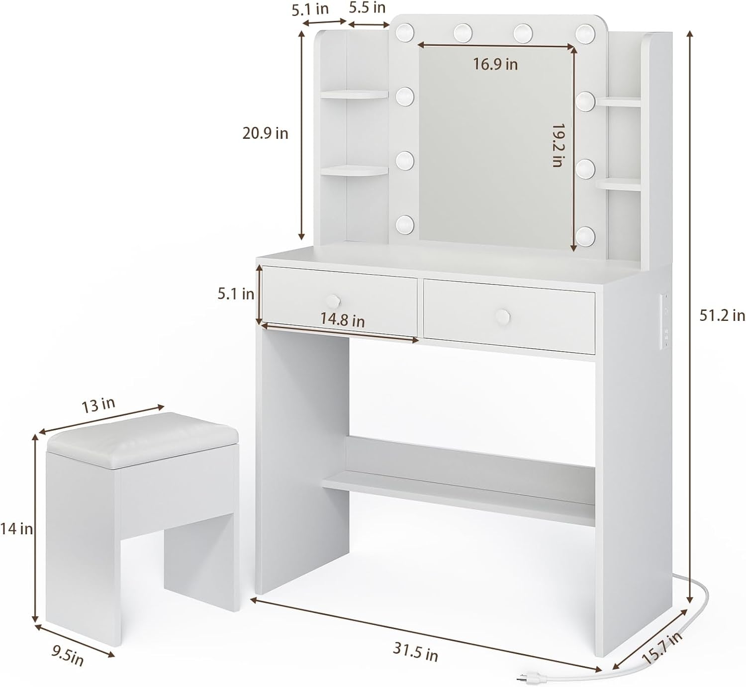 Vanity Desk with Lighted Mirror and Power Outlets, Makeup Vanity Set with Storage Drawer, Shelves and Chair, White Dressing Table with 3 Color Lighting Modes for Bedroom