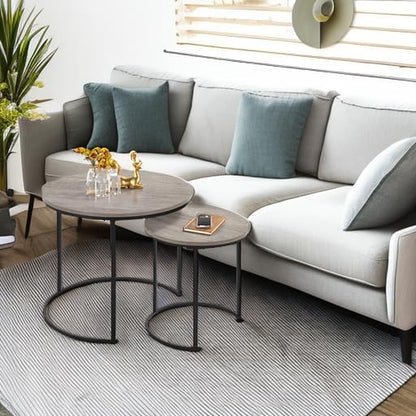 Nesting Coffee Table Set of 2, Nesting Table, Rustic Stacking Side Tables, Nesting End Table Set W/Round Wooden Tabletop and Sturdy Metal Base for Living Room,Small Space, Gray | Nesting Table, Rustic, Stacking Side Tables, Living Room, Small Space