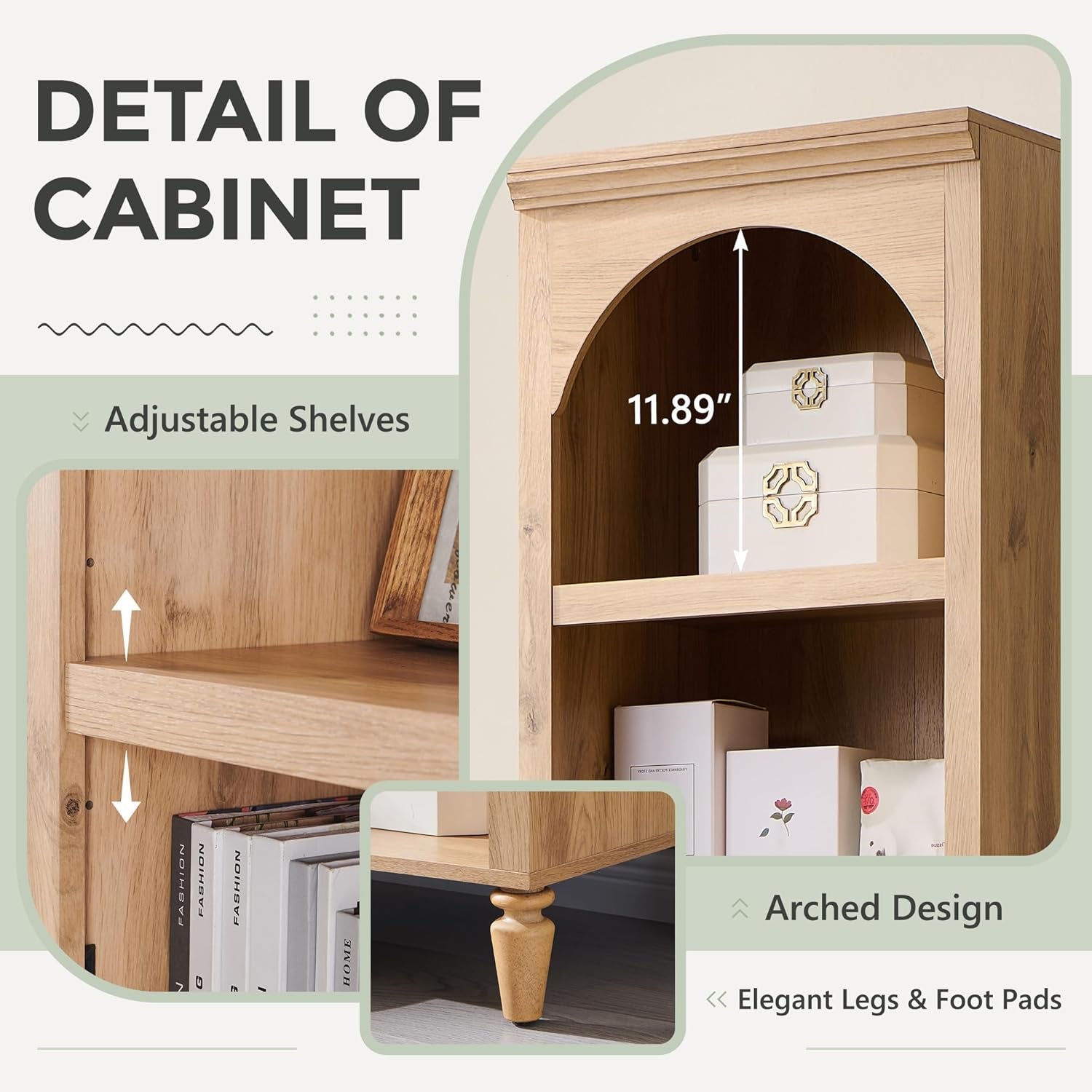 76" Tall Arched Bookcase, Farmhouse 5 Tiers Narrow Arched Bookshelf Cabinet with Adjustable Shelves, Modern Wooden Book Shelf W/Storage and Open Display Shelves for Living Room, Office-Natural