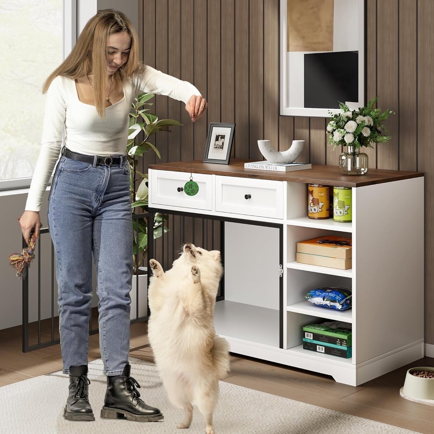 47" Dog Crate Furniture with Drawers & Shelves, Wooden Dog Kennel Furniture TV Stand, Rustic Pet Crate End Table for Medium Large Dogs