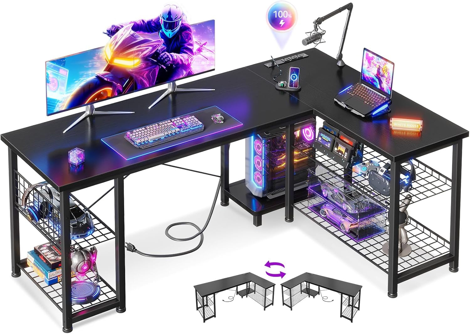 51 Inch L Shaped Gaming Desk with Shelves & Power Outlets, Reversible Computer Desk with Storage Shelves for Home Office, Black