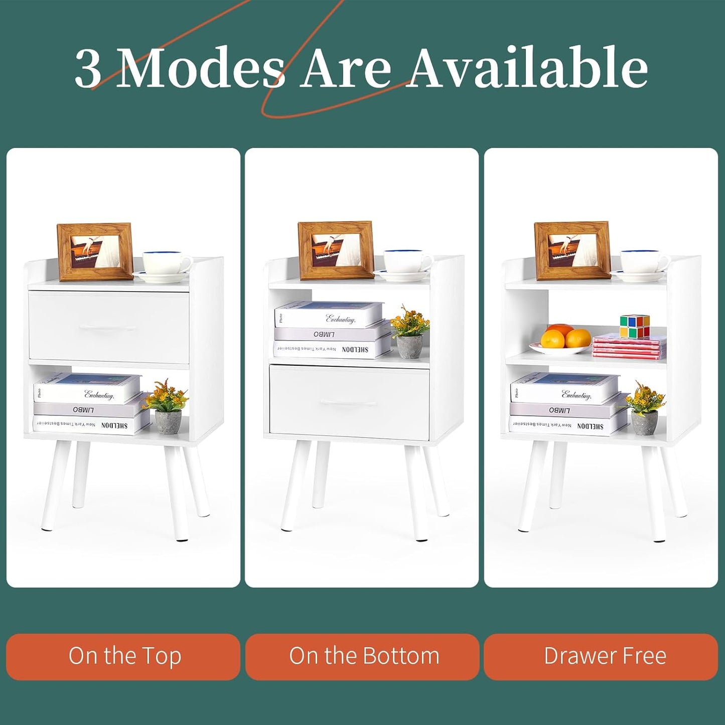 Modern Nightstand with Drawer, Bedside Tables, Mid Century Nightstands with Open Storage Shelf, Wood Bedside Table, Small Night Stands for Bedrooms, 2-Tier Night Table