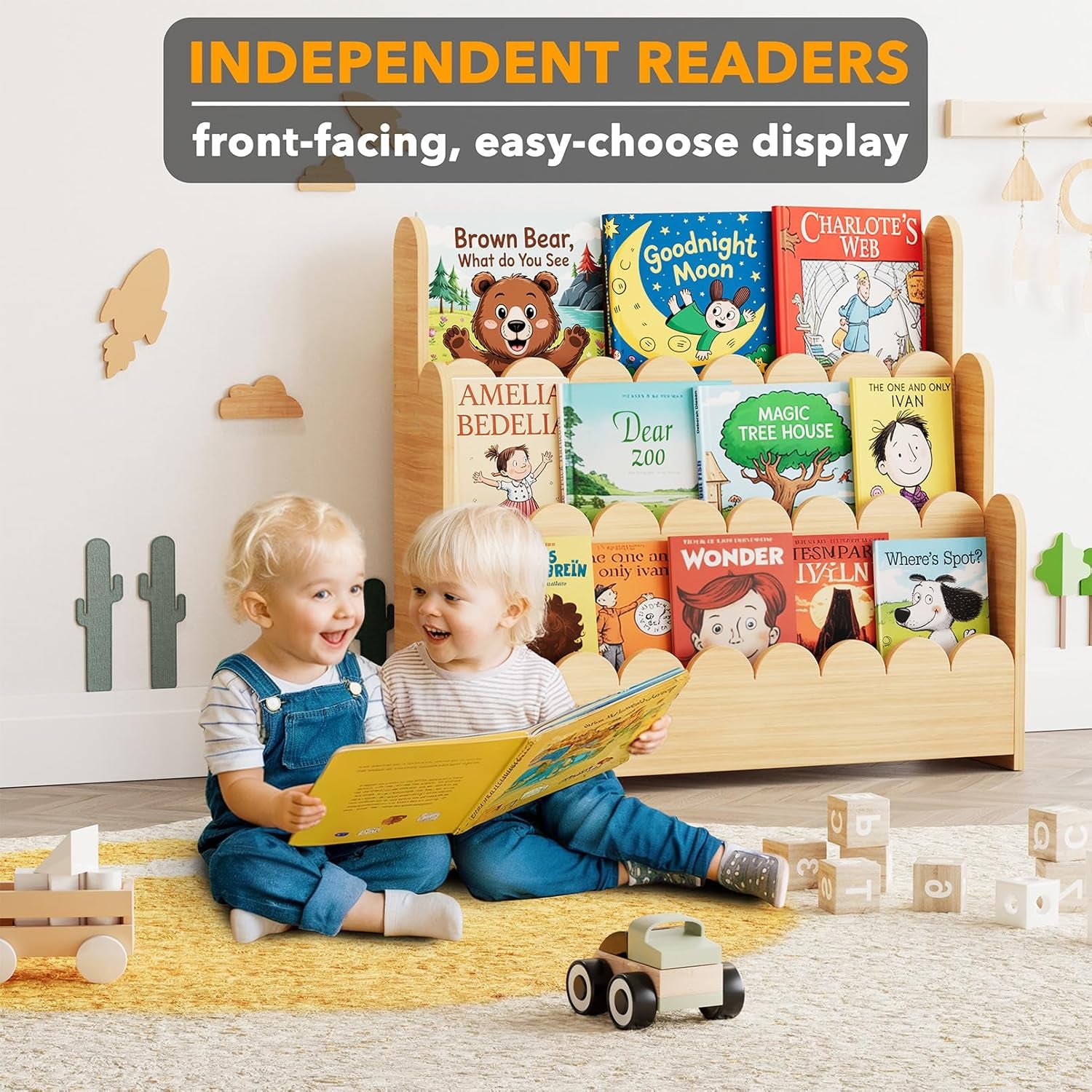 3-Tier Scalloped Bookshelf, Montessori Bookcase for Toddlers, Wooden Book Shelf Organizer Display Furniture for Kids Rooms, Playroom, Nursery and Classroom, Natural