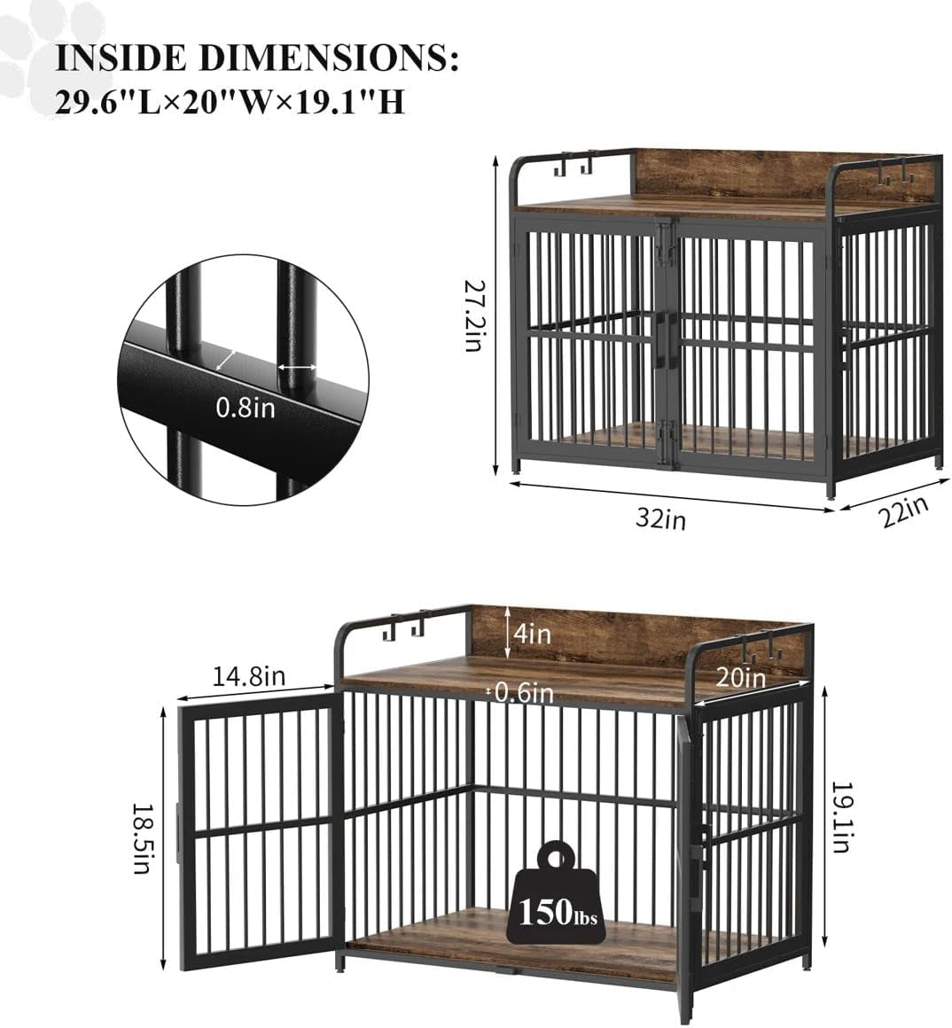 Dog Crate Furniture 32" Wooden Heavy Duty Dog Kennel with Double Doors Decorative Indoor Dogs House Side End Table