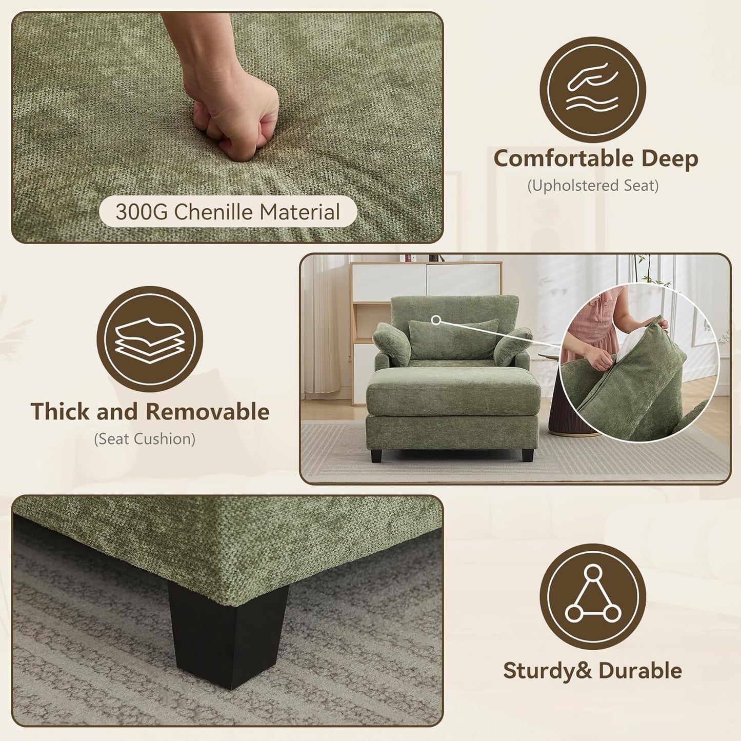 57.5" Oversized Chaise Lounge with Ottoman Indoor, Oversized Reading Chair with Ottoman & Sofa Bed, Green Chenille Upholstered Comfy Sleeper Chair for Living Room, Bedroom, Office