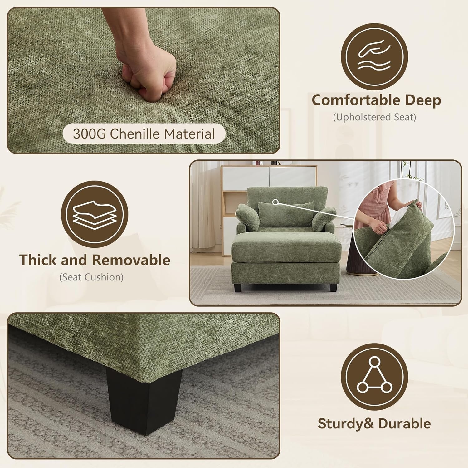 57.5" Oversized Chaise Lounge with Ottoman Indoor, Oversized Reading Chair with Ottoman & Sofa Bed, Green Chenille Upholstered Comfy Sleeper Chair for Living Room, Bedroom, Office