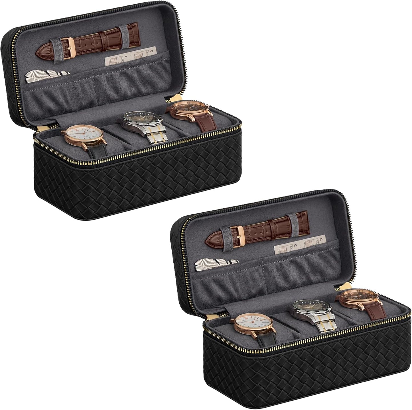 HOME RONNE Collection - 3 Watch Travel Cases, Pack of 2, 3-Slot Watch Boxes, Woven Embossed PU Leather, 3.9 X 7.9 X 3.5 Inches, Gift Idea, Ink Black Surface, Ink Black Lining UJWB017B01-2J