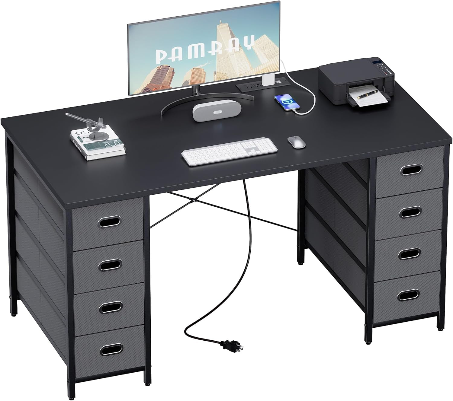 47 Inch Computer Desk with 8 Fabric Drawers PC Gaming Desk Home Office Study Work Writing Table for Bedroom Brown