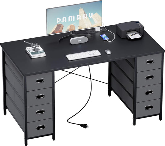 47 Inch Computer Desk with 8 Fabric Drawers PC Gaming Desk Home Office Study Work Writing Table for Bedroom Black