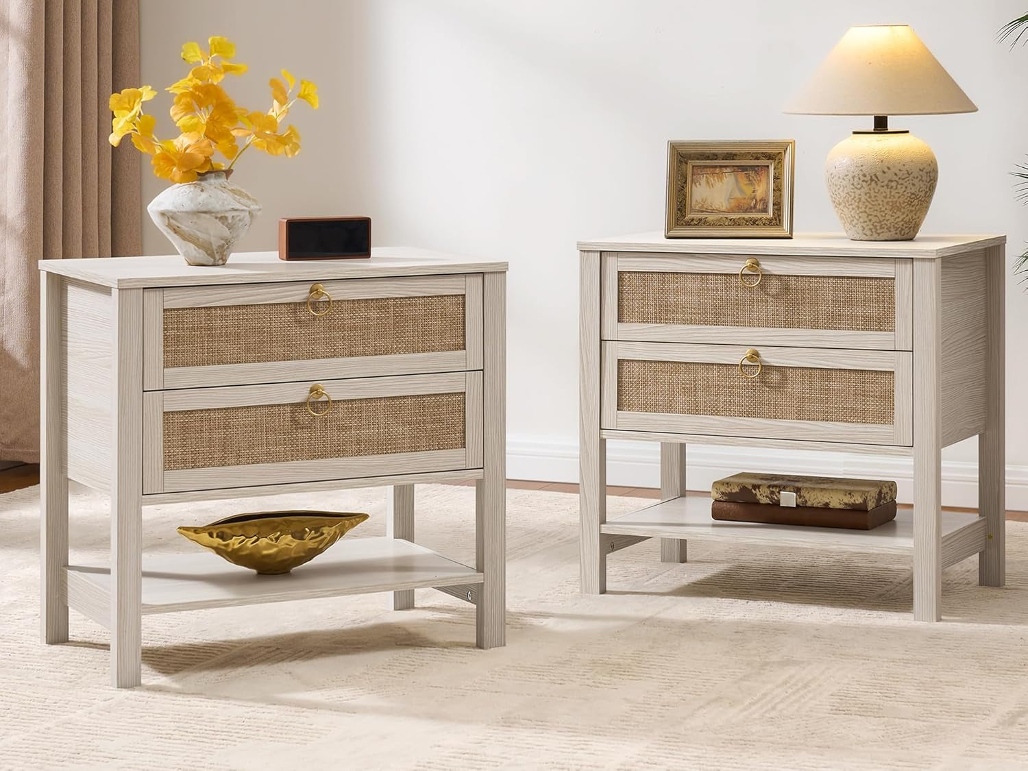 Boho Rattan Nightstand Set of 2, 26.7" Extra Wide Bedside Table with 2 Drawers & Open Shelf, White Oak Large Side Table for King Size Bed, Modern Coastal End Table for Master Bedroom