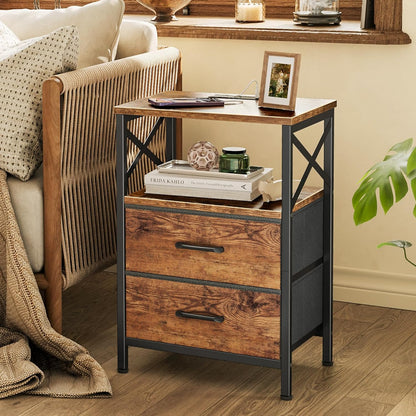 Nightstands Set of 2, Night Stand with Charger Station, 2 Drawer Side Table with Open Shelf, USB-C Port, End Table for Small Spaces, X Shaped Side Rail, Rustic Brown