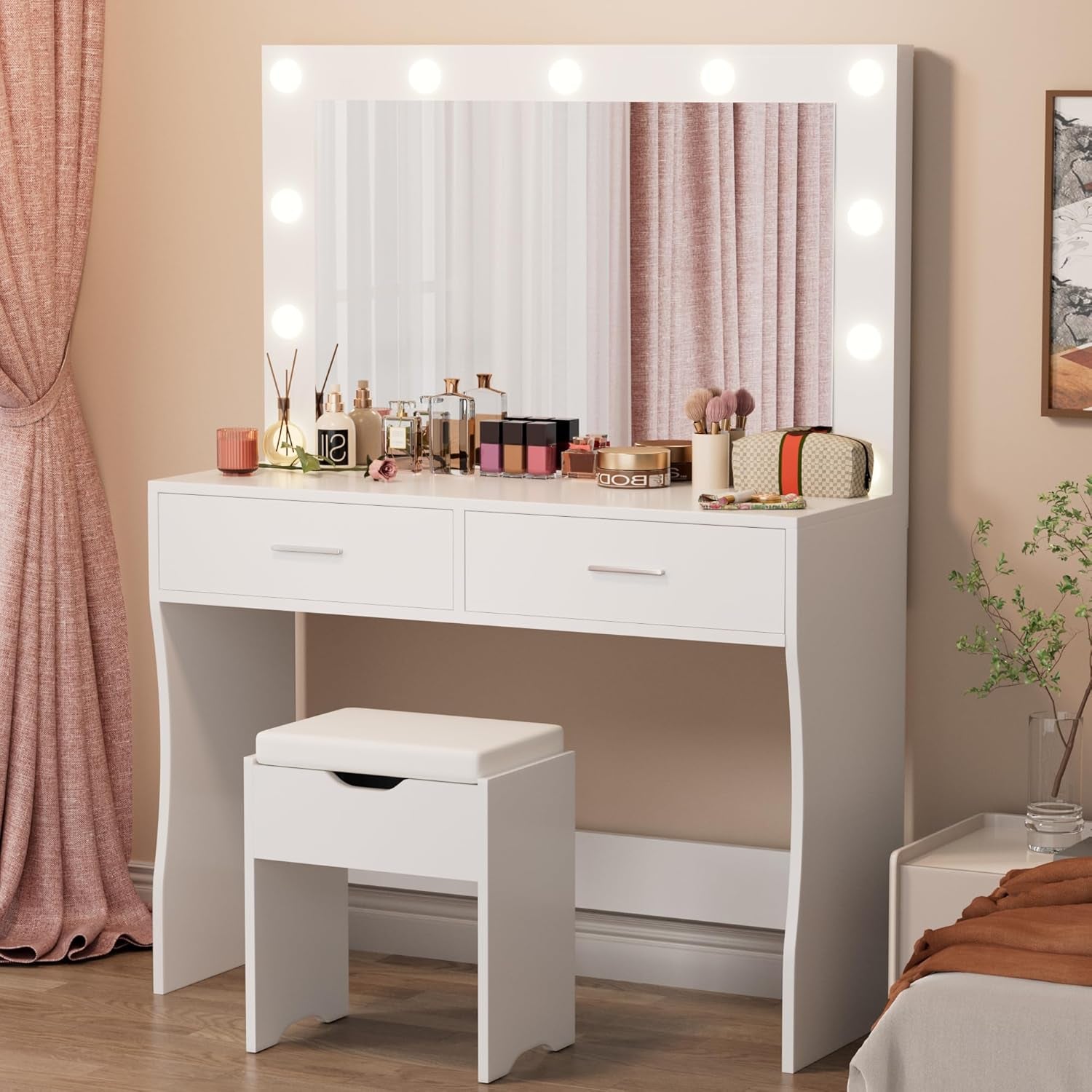 Vanity Desk Set with Large Lighted Mirror, 35.4 Inch Makeup Vanity Table with 2 Drawers, Cushioned Storage Stool, 3 Lighting Modes Brightness Adjustable, Dressing Table for Bedroom (White)