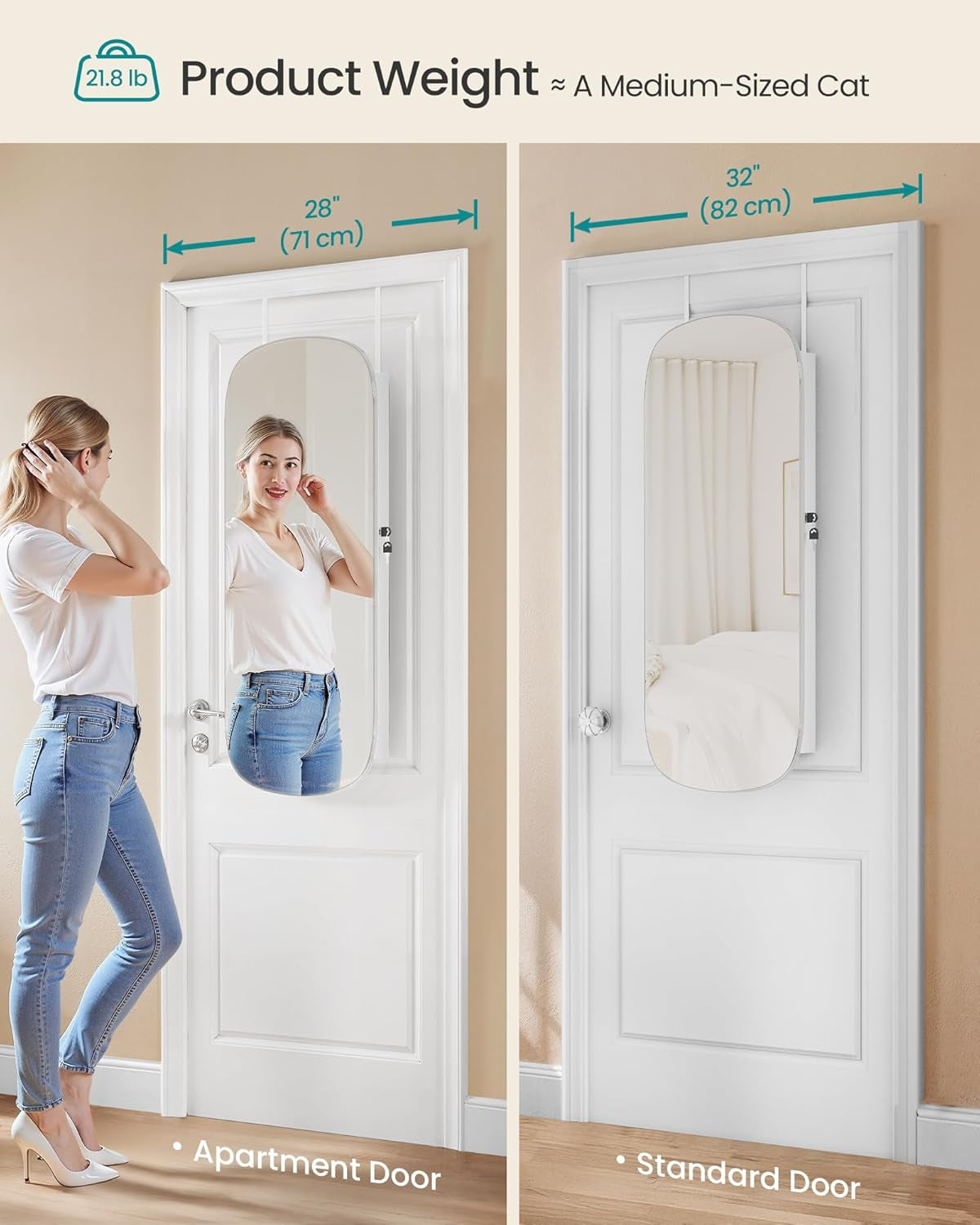 Jewelry Organizer, LED Jewelry Cabinet Wall/Door Mounted, Lockable Rounded Wide Mirror with Storage, Interior Mirror, 3.9 X 16.5 X 42.5 Inches, White Surface with Greige Lining