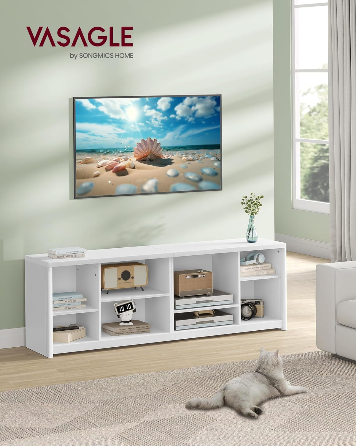 TV Stand for Tvs up to 75 Inches, Entertainment Center with Storage Shelves, TV Console Table, Easy to Assemble, TV Cabinet for Living Room, Bedroom, Cloud White ULTV112W01