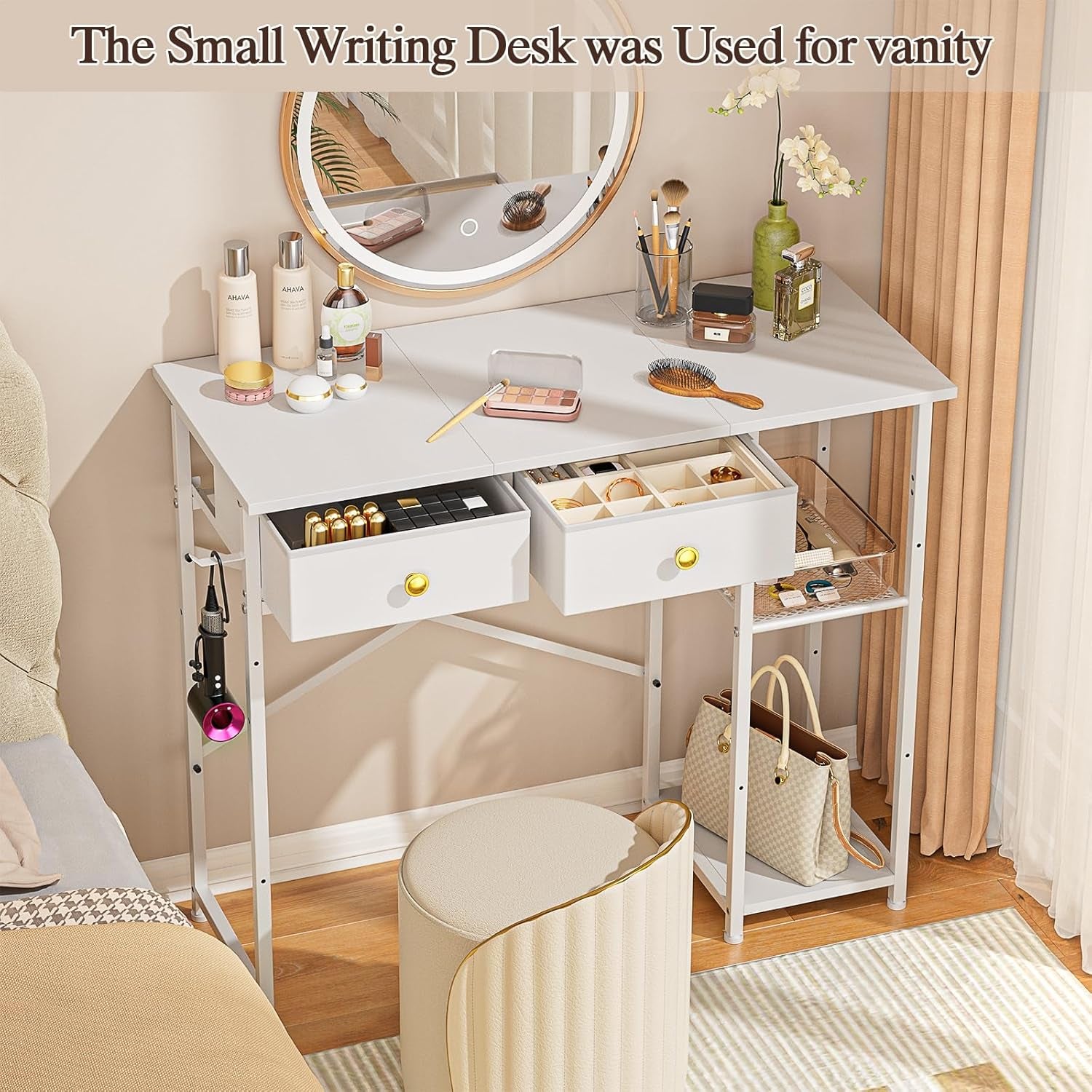 White Computer Desk, 36 Inch Small Desk with Drawers, Home Office Desk with Storage Shelves for Bedroom, Living Room, Dorm, Vanity Desk for Small Spaces, White