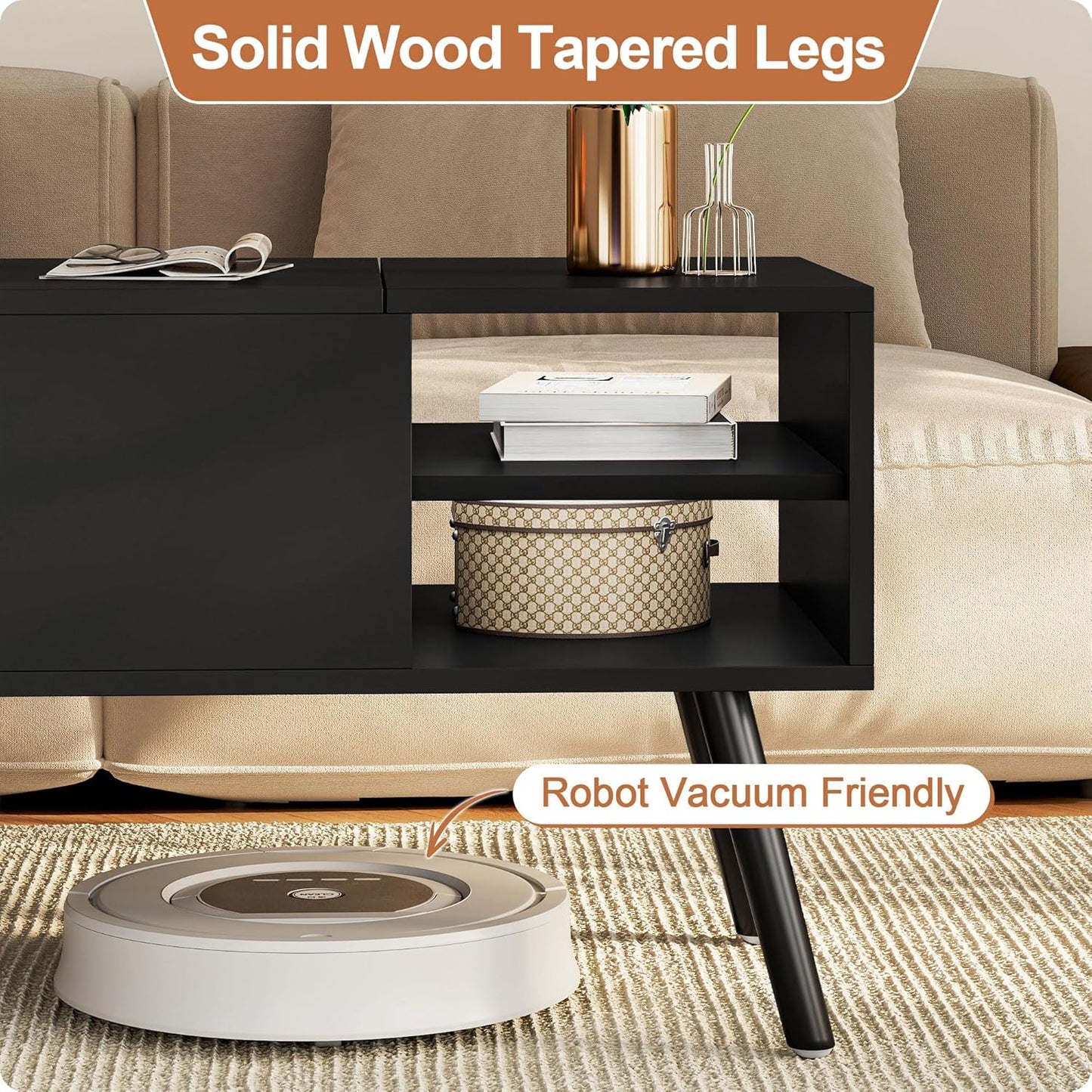 Black Lift Top Coffee Table with Hidden Storage Compartment, Solid Wood Legs & Open Shelves - 40" Pop up Coffee Tables for Living Room