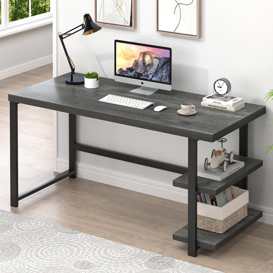 Industrial Computer Desk, Home Office Desk with Storage Shelves, Wood Study Writing Table for Bedroom, Living Room, Grey, 53 Inch