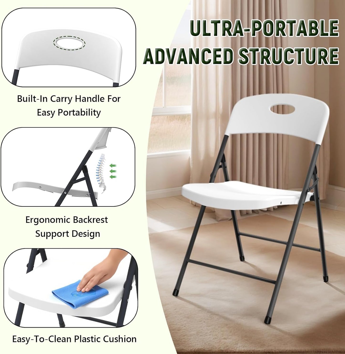 Folding Chair 4 Pack, Outdoor Plastic Sturdy Metal White Folding Chairs for outside Indoor, Portable 350 Lbs Capacity Heavy Duty Foldable Commercial Seating for Picnic, Party, Patio