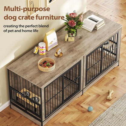 78 Double Dog Crate Furniture for 2 Large Dogs Indoor, Wooden Furniture Dog Crates with Dog Bowl, Dog Kennel Furniture TV Stand Large Breed Grey