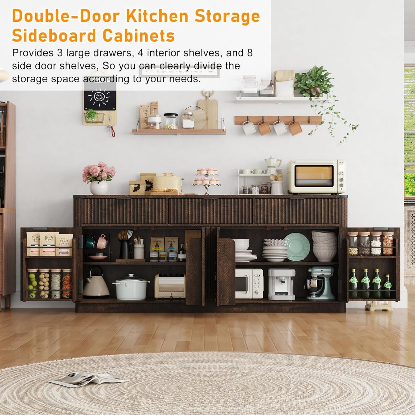 70” Large Curved Buffet Cabinet with 3 Storage Drawers,Kitchen Fluted Sideboard Cabinet W 4 Door Shelves,W Load-Bearing Steel Pipe,Wood Farmhouse Coffee Bar Cabinets,Kitchen Pantry(Rustic Brown)