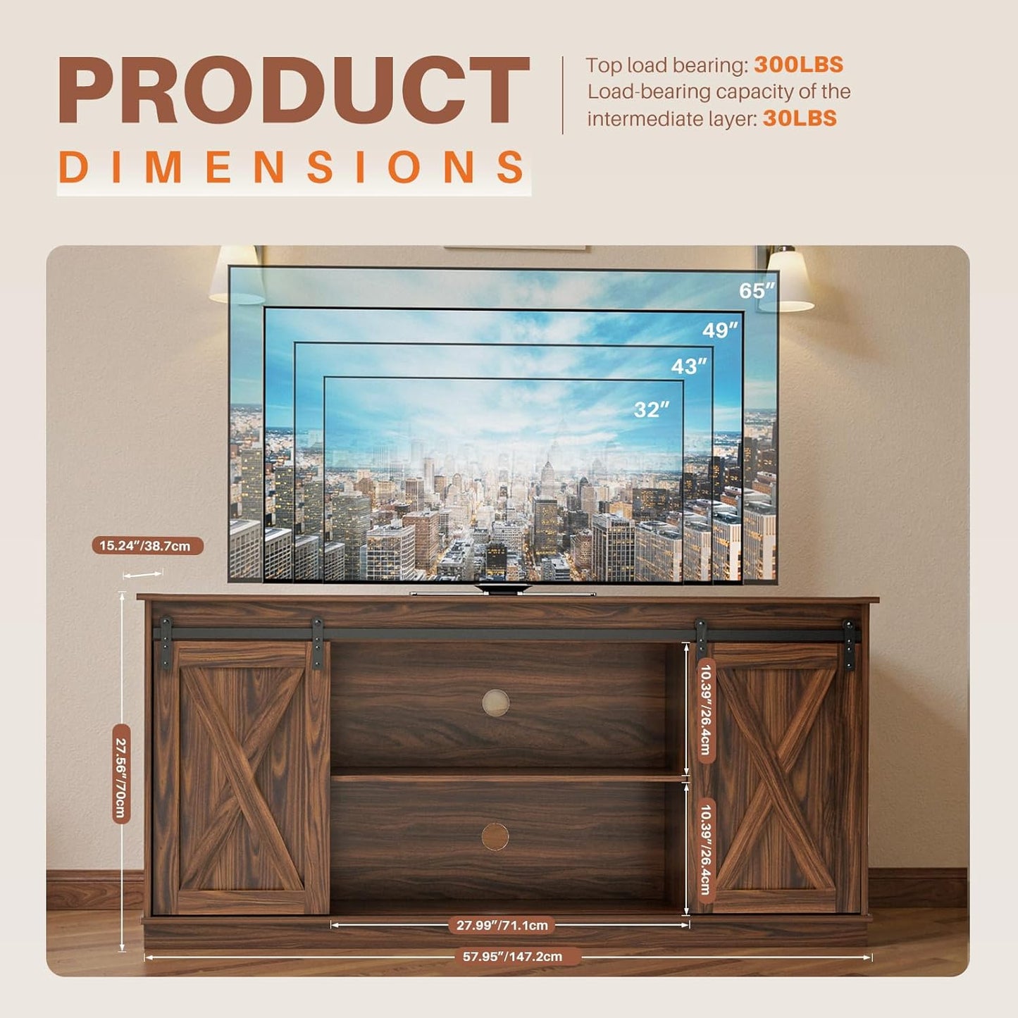 Farmhouse TV Stand 65 Inch for Living Room Bedroom Brown, Tall Entertainment Center with Storage Shelves, Media Console Cabinet with Wood Board, 300 LBS Capacity and Sliding Barn Door