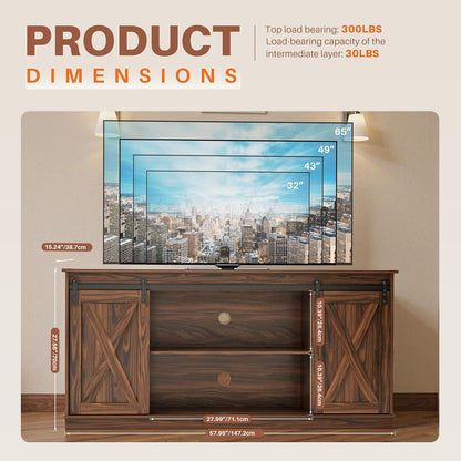 Farmhouse TV Stand 65 Inch for Living Room Bedroom Brown, Tall Entertainment Center with Storage Shelves, Media Console Cabinet with Wood Board, 300 LBS Capacity and Sliding Barn Door