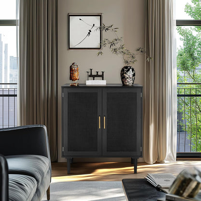 Sideboard Buffet Kitchen Storage Cabinet with Black Painted Rattan Decorated Doors, Dining Room, Hallway, Cupboard Console Table, Liquor/Accent Cabinet, 31.5X 15.8X 34.6 Inches, Black