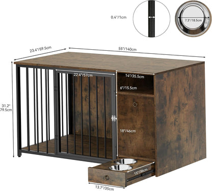 Dog Crate Furniture with Feeder Bowls, 55" Large Breed Dog Kennel with Storage Drawer, Heavy Duty Dog House TV Stand Indoor for Medium Dogs, Brown