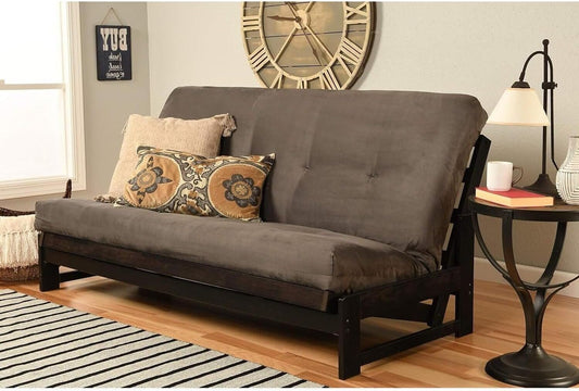 Full Size Futon Frame Set - Convertible Sofa Bed - Hardwood Mocha Finish Suede Gray