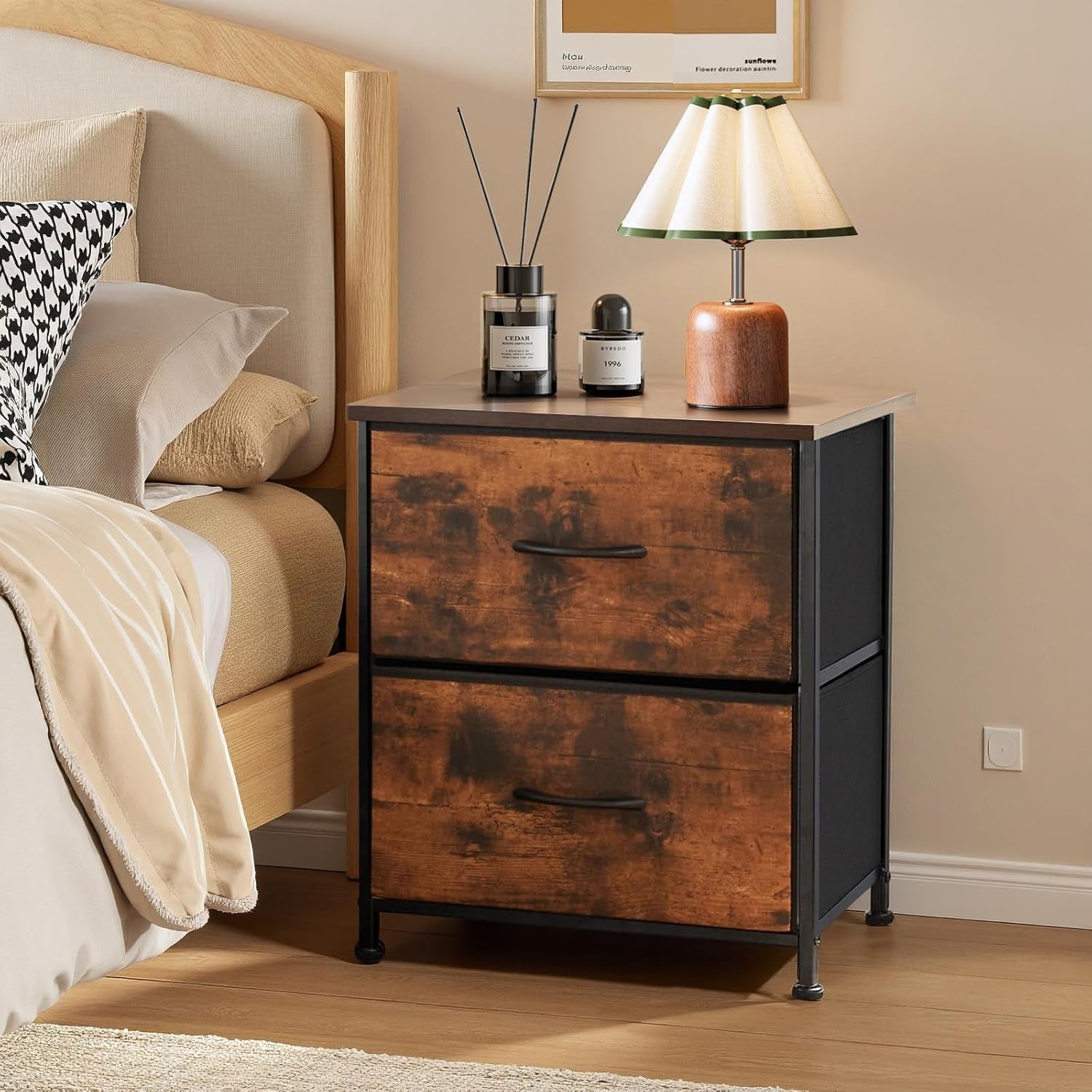 Nightstand, Small 2 Drawer Dresser End Table Bedside Furniture, Wooden Top Fabric Bins for Bedroom, Closet, Entryway, Dorm, 11.8" D X 18" W X 20", Gray