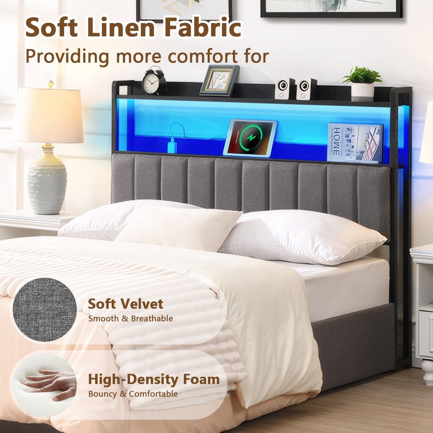 Headboard for Queen Size Bed with 2-Tier Storage, Upholstered Headboards with Outlets, USB Ports and LED Light,Head Board Only, Height Adjustable, Sturdy and Stable (Queen)