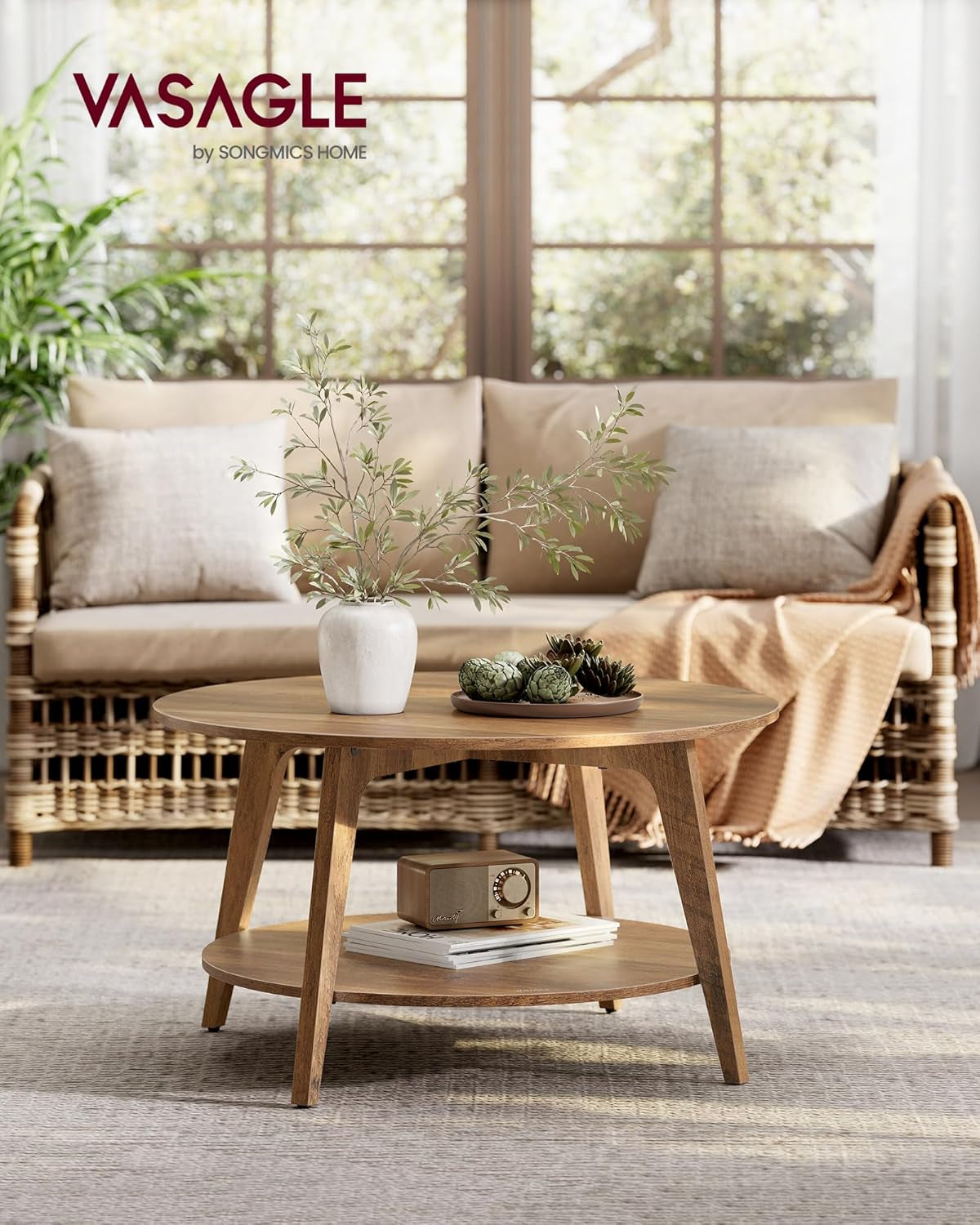 MAEZO Collection - round Coffee Table, 2-Tier Center Table with Storage, Tapered Legs, Curved Transitions, 31.5 Dia. X 17.7 H Inches, Easy Assembly, for Living Room, Honey Brown ULCT243K41