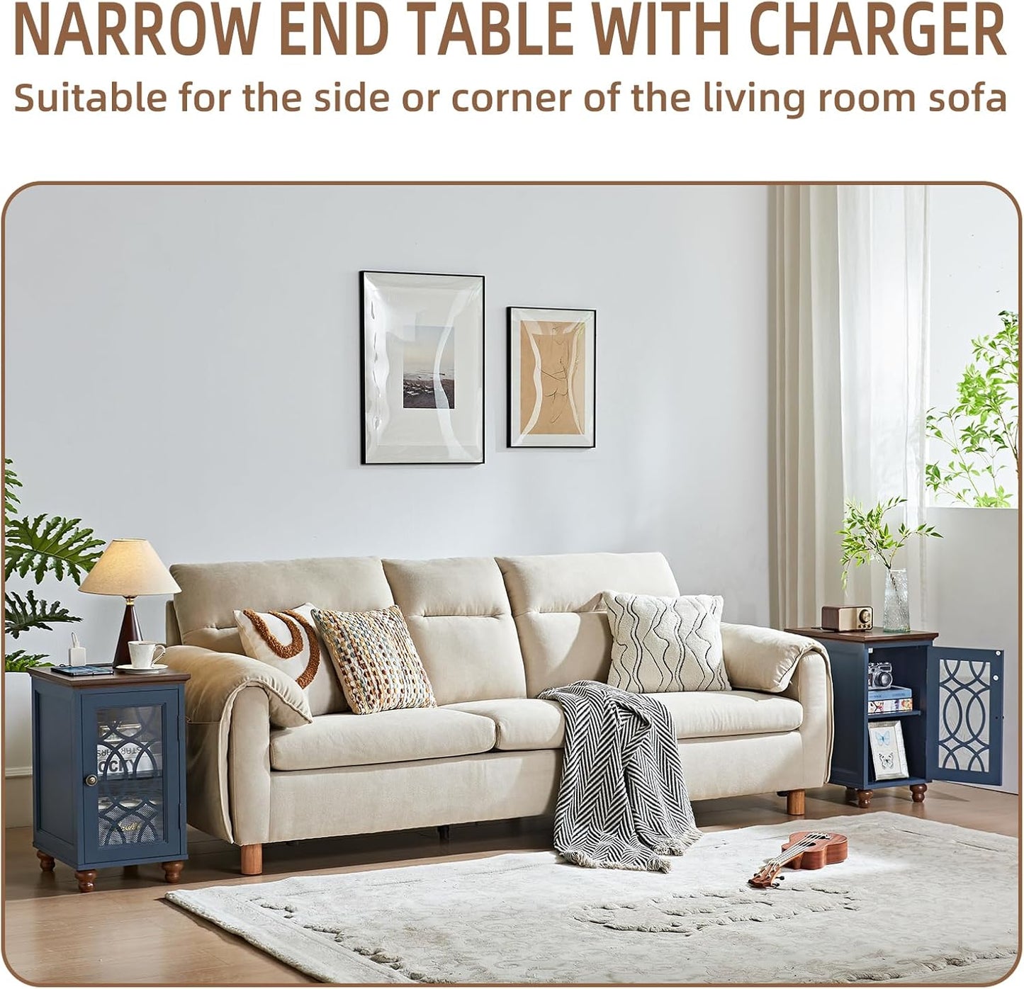 Narrow Side Table with Charging Station, Night Stand with Glass Door, Bedside End Tables with Adjustable Shelf Storage Cabinet,Wood Nightstand for Small Spaces Living Room Bedroom