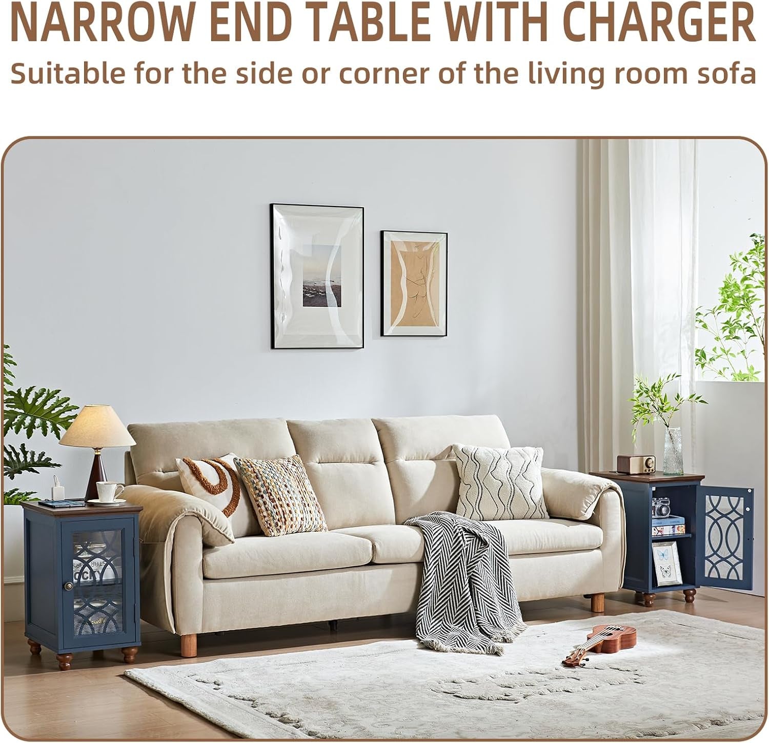 Narrow Side Table with Charging Station, Night Stand with Glass Door, Bedside End Tables with Adjustable Shelf Storage Cabinet,Wood Nightstand for Small Spaces Living Room Bedroom