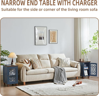 Narrow Side Table with Charging Station, Night Stand with Glass Door, Bedside End Tables with Adjustable Shelf Storage Cabinet,Wood Nightstand for Small Spaces Living Room Bedroom
