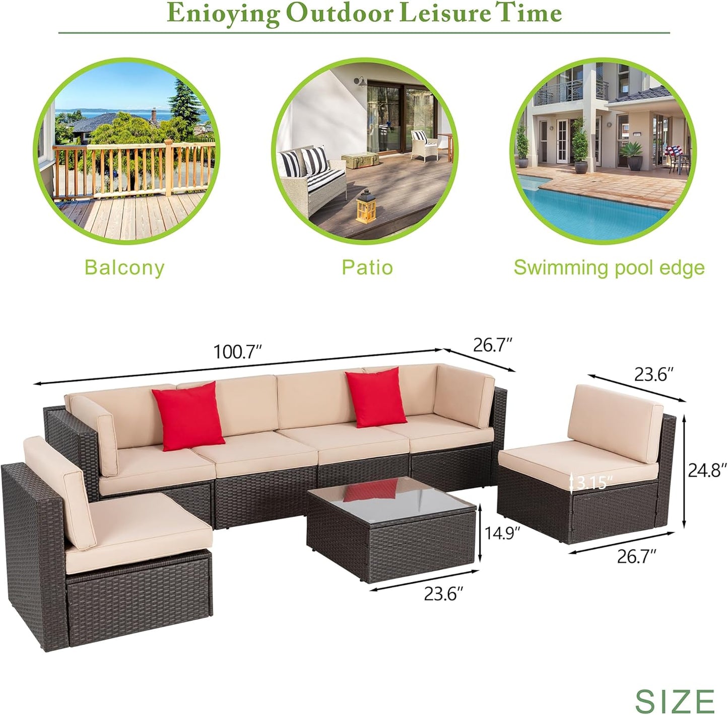 7 Pieces Patio Furniture Sets, Outdoor Modular Sectional Sofa Patio Conversation Set PE Rattan Wicker Sectional Couch with Cushion, Glass Table for Patio, Garden, Poolside, Beige