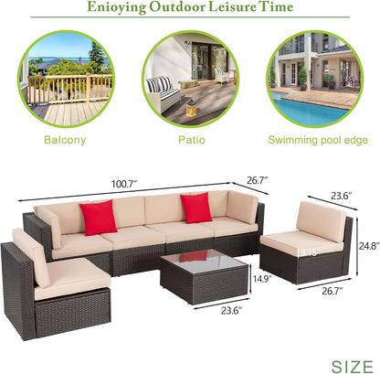 7 Pieces Patio Furniture Sets, Outdoor Modular Sectional Sofa Patio Conversation Set PE Rattan Wicker Sectional Couch with Cushion, Glass Table for Patio, Garden, Poolside, Beige