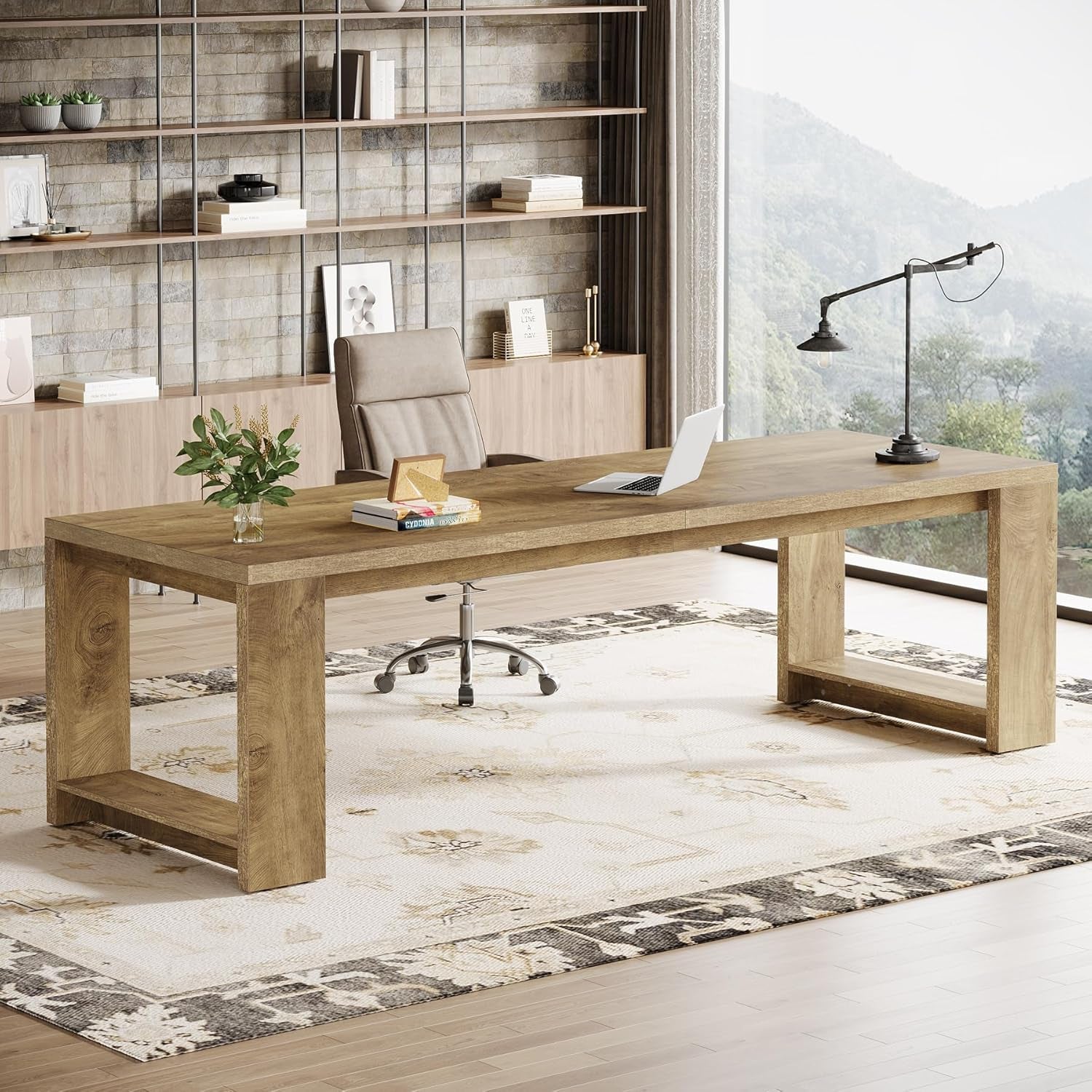 Two Person Desk, 86.6 Inches Extra Long Desk, Double Computer Writing Table, Wood Large Desks Workstation for Home Office, Natural Oak