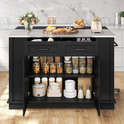 Kitchen Island with Drop Leaf, 47 Inch Mobile Stroage Islands with Stainless Steel Top, Rolling Island Table with Power Outlet, Adjustable Shelves, Spice Rack, Towel Rack for Kitchen, Black