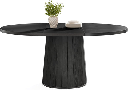 Oval Dining Table for 6 People, 55.11-Inch Farmhouse Kitchen Dinner Table with Cylindrical Pedestal (All Black)