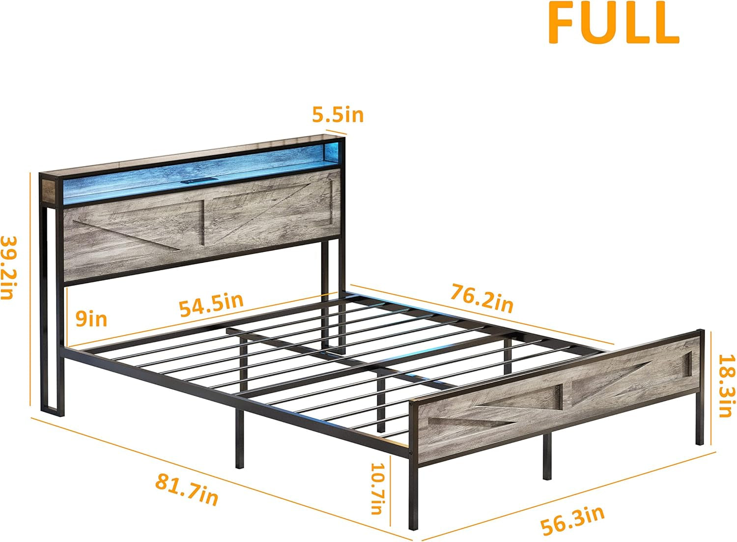 LED Full Size Bed Frame with Charging Station, Platform Metal Bed with Headboard Storage & USB Ports Outlets, Farmhouse Bed Frame with Lights for Bedroom, Noise Free, Wash Grey (Full)