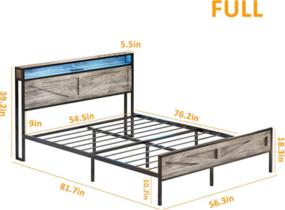LED Full Size Bed Frame with Charging Station, Platform Metal Bed with Headboard Storage & USB Ports Outlets, Farmhouse Bed Frame with Lights for Bedroom, Noise Free, Wash Grey (Full)
