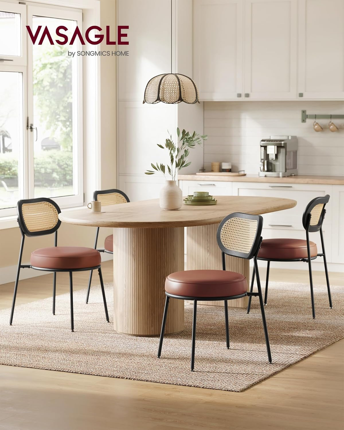Dining Chairs, Set of 4 Accent Chair for Dining Room Kitchen, with Boho PE Rattan Back, Synthetic Leather Upholstery, Ink Black ULDC160B24
