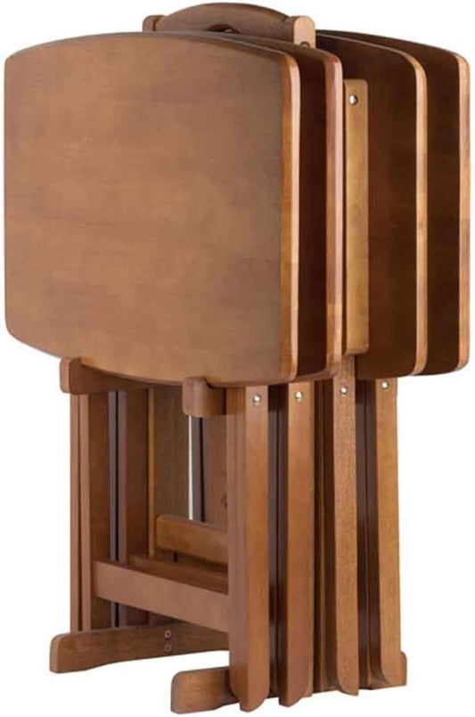 Renaissance Romance 5-Piece Oversize Snack Table Set with Solid Teak Finish, Curved Sides, Rounded Corners, and Sturdy Stand, 23.6" W X 15.75" D X 25.5" H Teak