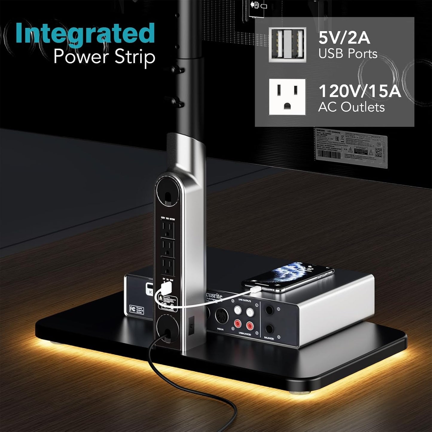 Universal TV Stand Tabletop TV Mount with Power Outlet for 50-90 Inch OLED LED Monitors, 9 Levels Height Adjustment, Ambient Lighting on the Bottom Holds up to 150Lbs, Black 600X400Mm