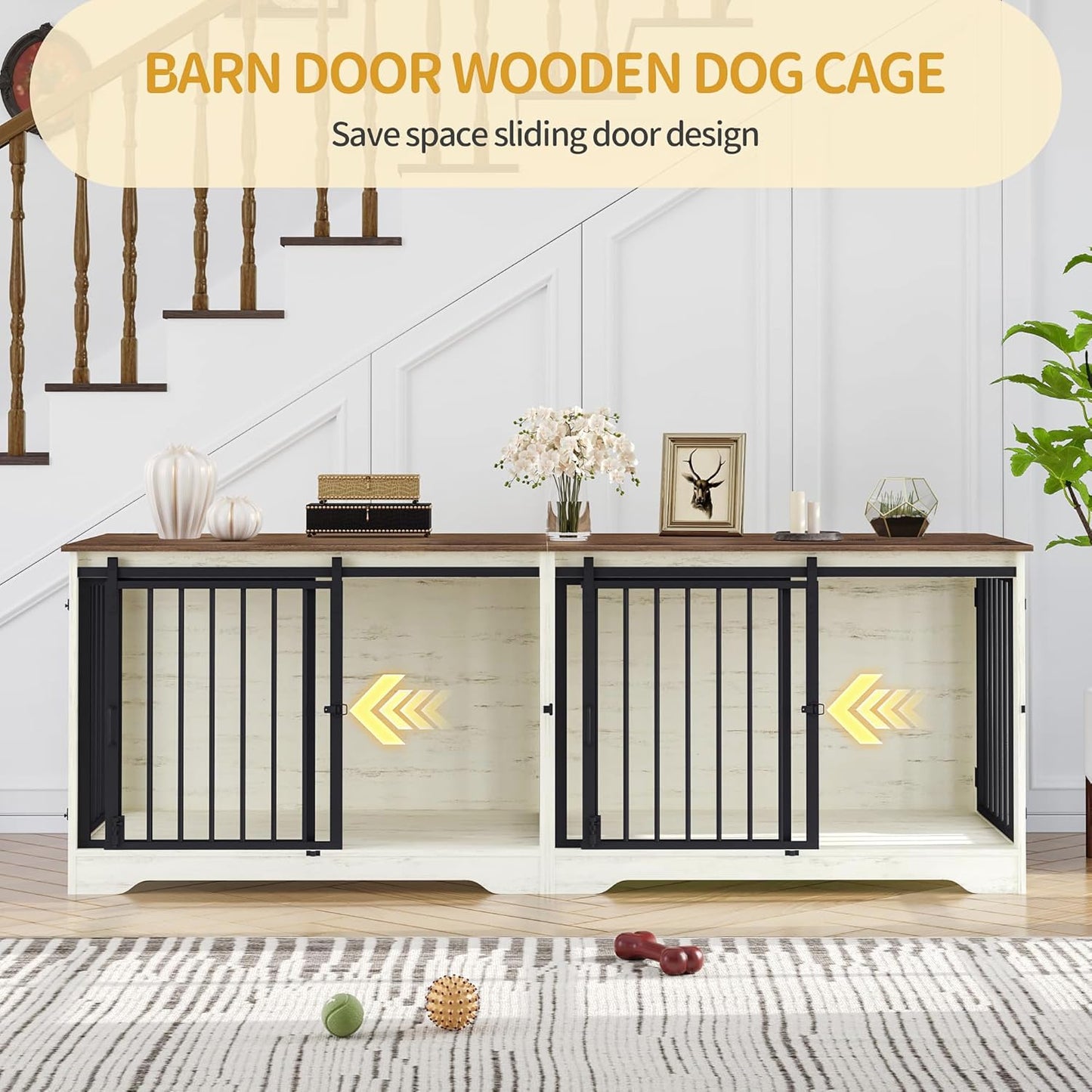 78" Dog Crate Furniture for 2 Dogs, Double Dog Cage with Divider, Wooden Heavy Duty Dogs Kennel, Pet Cage with Barn Door, TV Stand for Large Small Medium Dogs, White Brown DFC83714BV1
