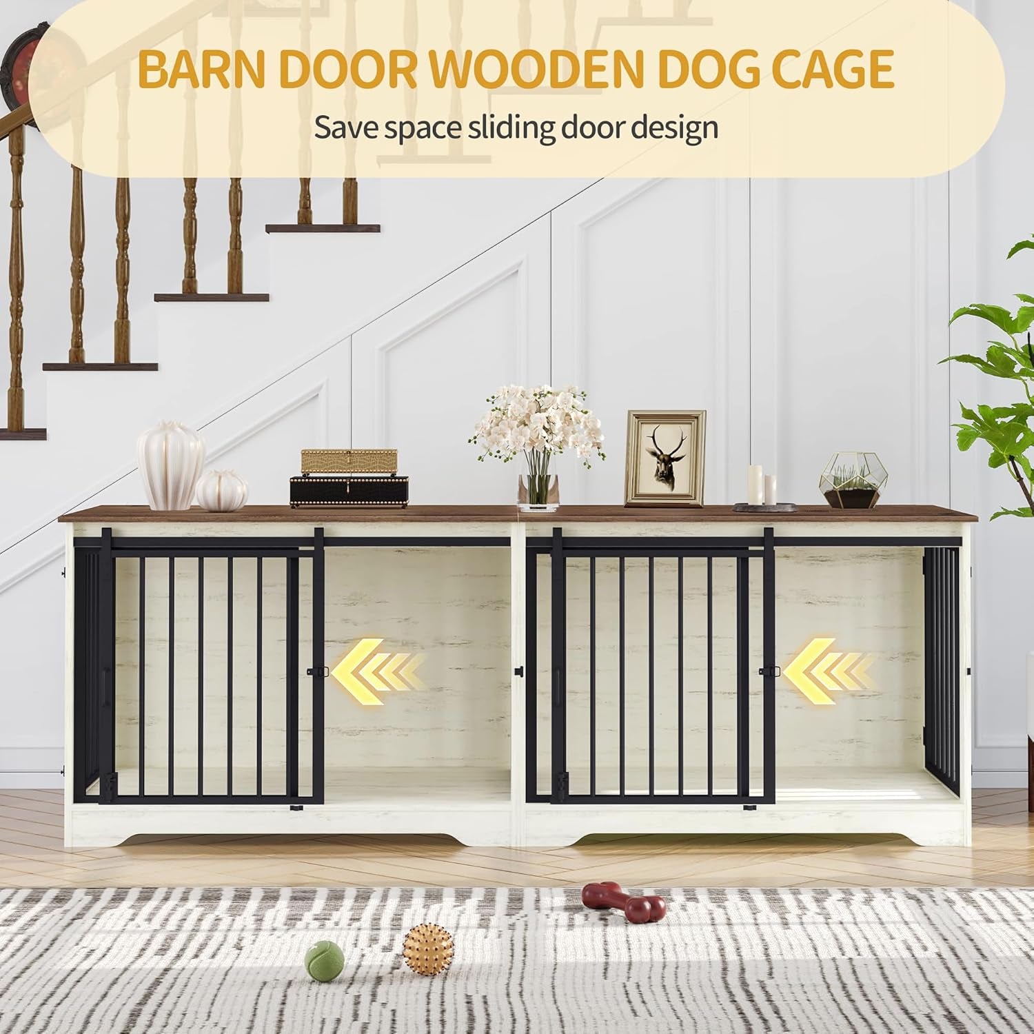 78" Dog Crate Furniture for 2 Dogs, Double Dog Cage with Divider, Wooden Heavy Duty Dogs Kennel, Pet Cage with Barn Door, TV Stand for Large Small Medium Dogs, White Brown DFC83714BV1