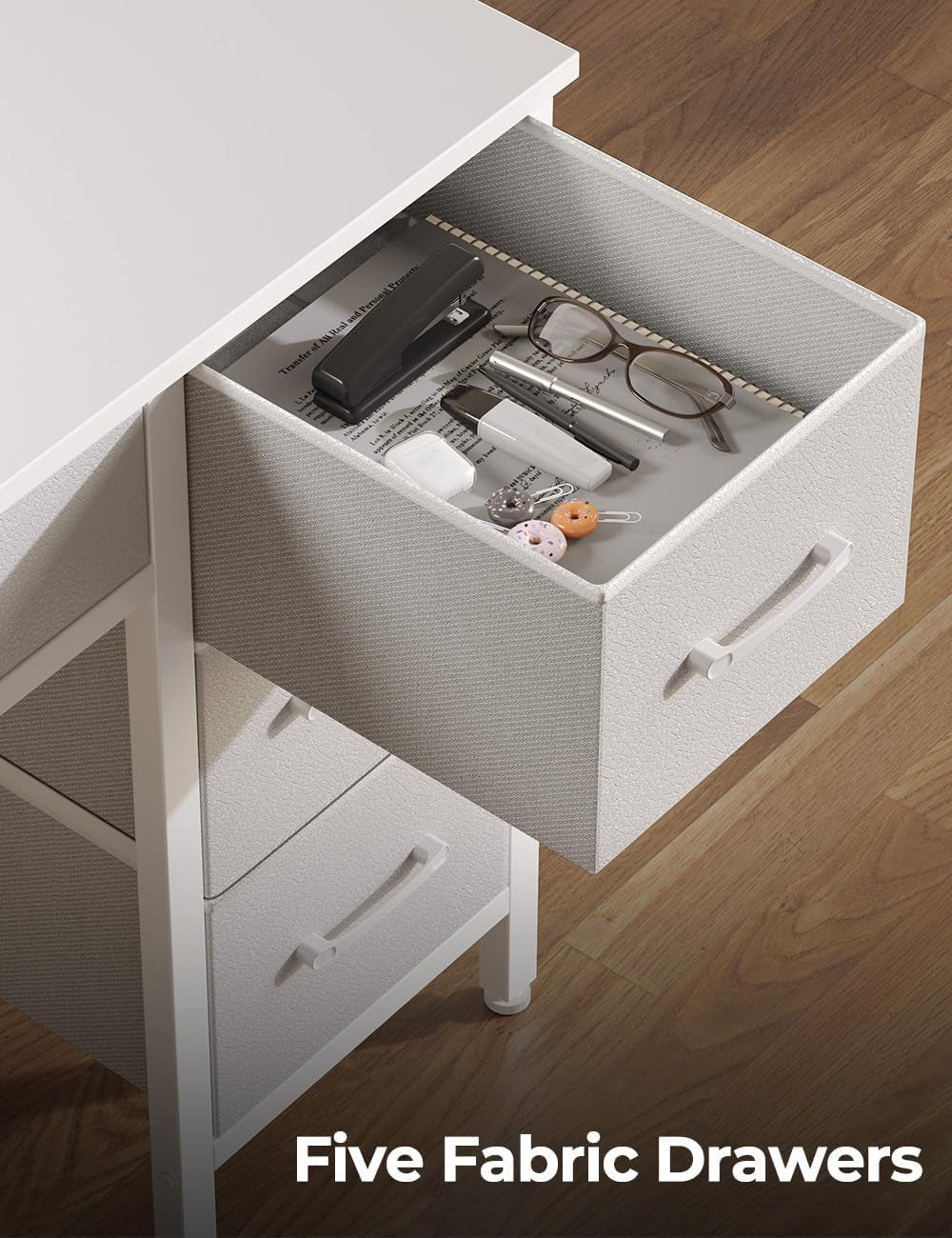 Computer Desk with Power Outlets & LED Light, 39 Inch Home Office Desk with 5 Drawers, Writing Desk with Monitor Stand, Work Desk for Home Office, White