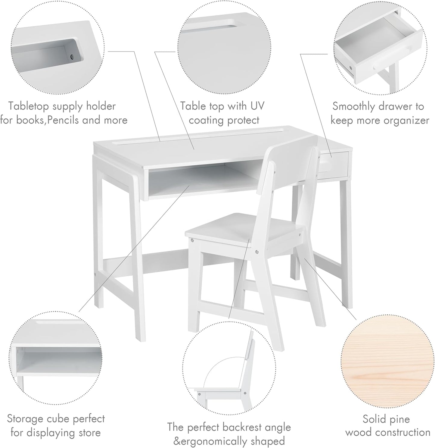 Kids Desk and Chair Set, Study Desk for Kids with Drawers, Wooden Children Table Set, Student Writing Desk Computer Workstation for Bedroom & Study Room